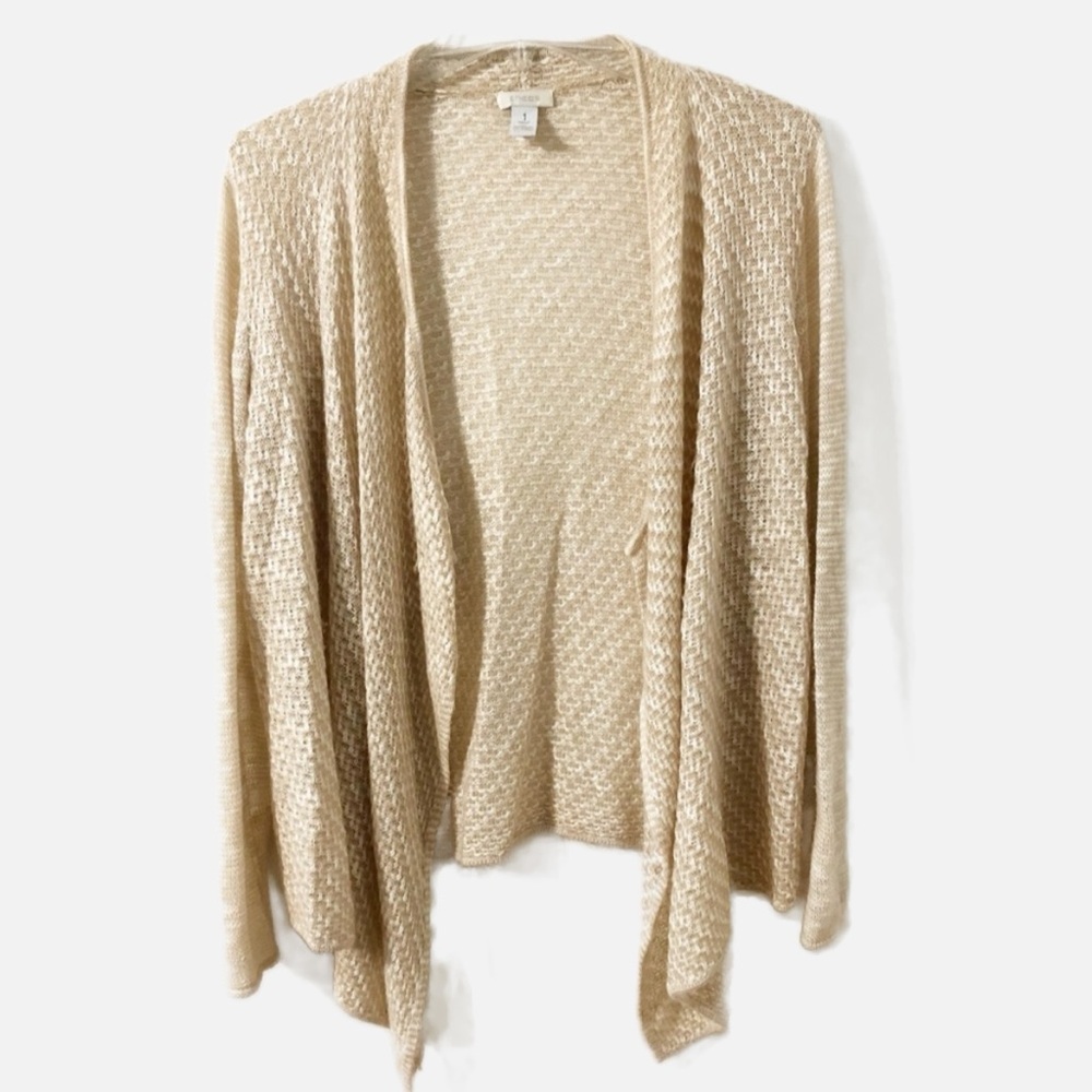 Chico's Cotton Blend Cascading Open Front Cardigan Sweater Tan and Cream Knit